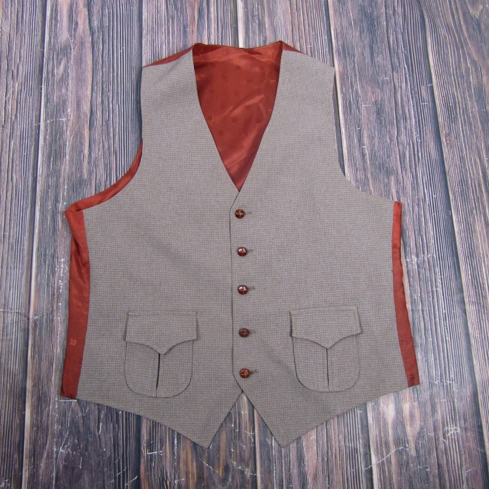 Suit Vest Mens 44 Brown Check Tweed 3 Piece Waistcoat 5-Button Formal Wedding